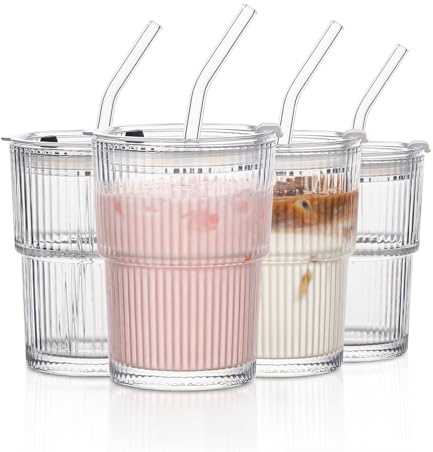 INSETLAN 380ml Glass Tumbler with Lid and Straw 4 Pack - Ribbed Glass Cup Iced Coffee Glasses, Clear Leakproof Tumbler Cup for Smoothies, Iced Latte,Matcha, Cold Drinks