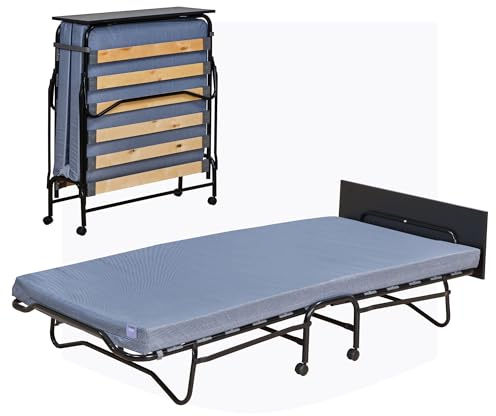 Lourini® Cama Plegable 90x190 cm con Colchón, Cama Portátil Plegable para Dormir Supletoria, Plegatín 90x190 cm con Colchón Individual, Folding Bed Auxiliar para Invitados