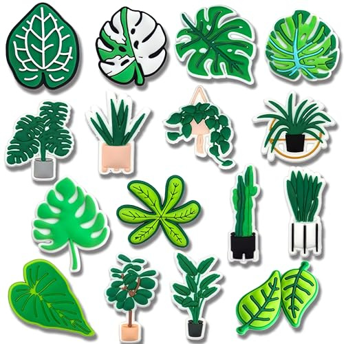 Shoes Charm for Kids Boys Girls Men Women PVC Wristband Sandals Clog Accessories Party Favors Pins, 16PCS Houseplant & Monstera Leaf, S