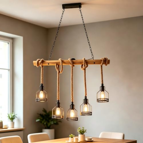 Lampadario Rope 5 Luci E27 Industriale in Legno e Canapa per Sala da Pranzo