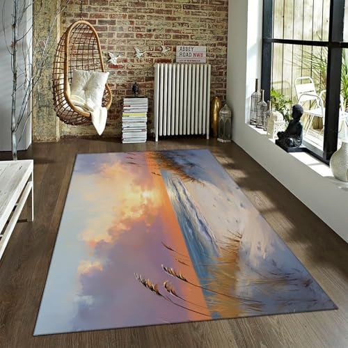 Fluffy Clouds Sunset Beach Area Rug - Non-Slip Low Pile Carpet for Living Room & Bedroom - Seaside Reeds Design, Perfect Indoor Floor Mat, 160 x 220 cm