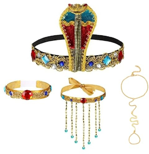 5-teiliges Set Ägyptische Kobra-Krone mit Armreifen & Halskette, Glänzender Schlangen-Kopfschmuck mit Strasssteinen für Retro-Kostümpartys, Cleopatra kostüm,Kleopatra kostüm,Halloween und Themenfeste