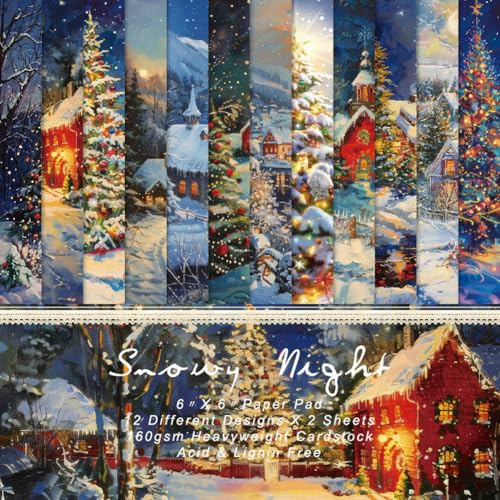 craspire 24 Stück Weihnachtsdekopapier Scrapbook Papier Mit Wintermotiv Verschneite Nacht 6 x 6 Zoll Bunter Hintergrund Karton Bastelblöcke Packung Für Alben Scrapbooking Journale Grußkarten DIY