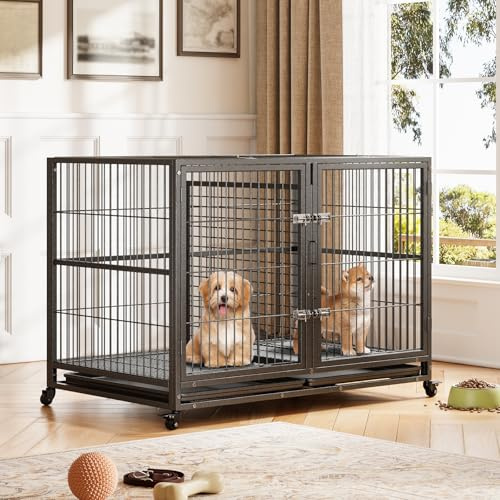 Hundekäfig Hundebox 121 x 76 x 89cm, Tragbar Klappbar Hundegitterbox mit Trennwand, 2 in 1 Doppelbox Hundezwinger mit 3 Türen, 4 Rollen,Bodenschale, Hundegitterbox für Mittlere Große Hunde