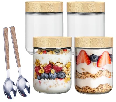 GANILITY Glass jars with Airtight Lids, 4 Pack 500ml Overnight Oats Containers with Bamboo Lids, Glass Mason Jars with 2 Spoons, for Snacks, Cereals, Yogurt