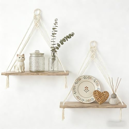 Yalixuan Wall Shelves, Set of 2 Bohemian Home Decoration, Wooden Shelves | Boho Decor for Bedroom,Living Room and Nursery, Wall Decor Shelves for Hanging Plants Photos, Hanging Shelf