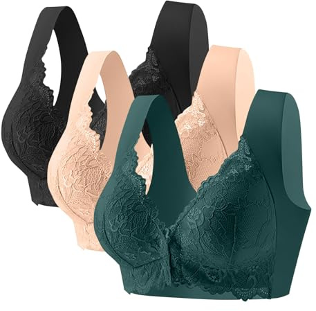 Flodxo Bras for Women Multipack 3 Pack Non Wired Front Fastening Bras Push Up No Underwire Plus Size Bra Comfy Wireless Soft Tshirts Bra for Elderly Comfort Full Coverage Bralettes