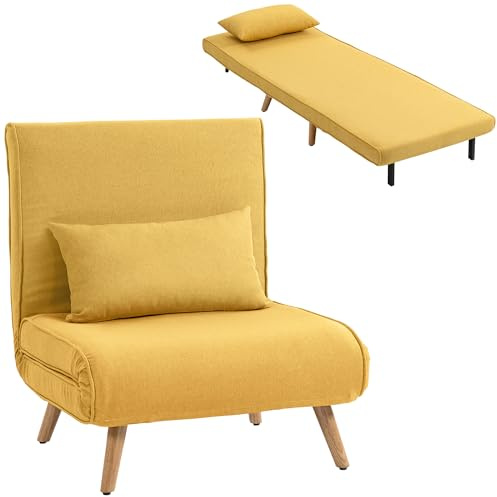 HOMCOM Sofá Cama Individual Plegable 3 en 1, Sofá Cama, Tapizado en Lino, con Respaldo Ajustable 5 Posiciones, 1 Almohada, para Dormitorio, Salón, Amarillo