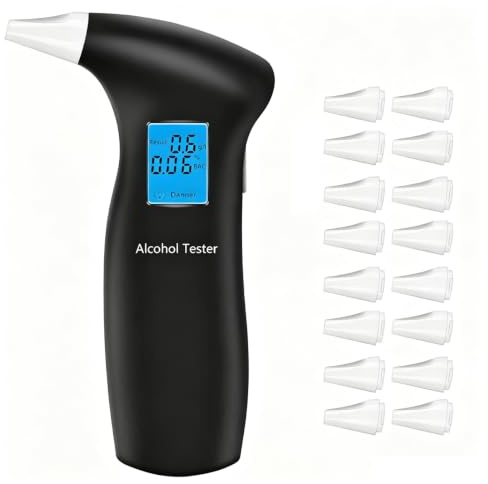 PUTAII Alkoholtester, Alkoholmessgeräte Polizeigenau mit 16 Mundstücken, Professioneller Alkohol Tester Promillemessgerät mit Digitaler LCD-Anzeige und Halbleiter Sensorik