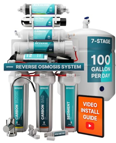 US Aqua Platinum Series Deluxe High Capacity 100GPD Under Sink Reverse Osmosis Purifier Drinking Water Filter System - Free Bonus PPM Meter and Installation DVD (7 Stage Alkaline and UV, With Pump)