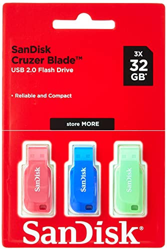SanDisk 32GB Cruzer Blade USB Flash Drive , Blue/Pink/Green, 3count(Pack of 1)