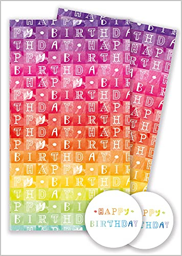 Abacus Cards Wrapping Paper 11364ABirthday Rainbow Colour Blocks Gift Wrap Pack with 2 Sheets & 2 Tags, Plastic Free & Fully Recyclable, Multicoloured