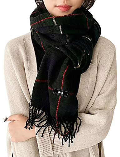 Damen Schal - Kariert übergroßer XXL Winterschal Deckenschal Weich Warm Herbstschal Kariert Karo Tartan Streifen Fransen Poncho (Grün A)
