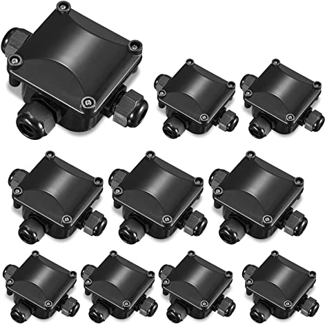 10-Pack Waterproof Junction Boxes, 3-Way Electrical Connector Box for Outdoor/Garden/Landscape Lighting, Black PC Material, Cable Glands for 6.5-10.5mm Wires