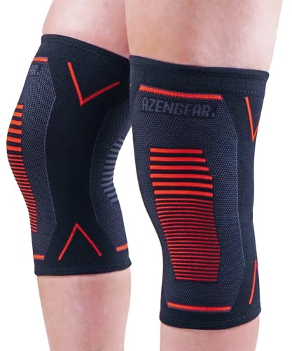aZengear Knästödsstöd (par) – Kompression knästrumpa för ledsmärta, ligamentskada, menisk slitage, artrit, ACL, MCL, löpning, tyngdlyftning, knäböj (Röd, L)