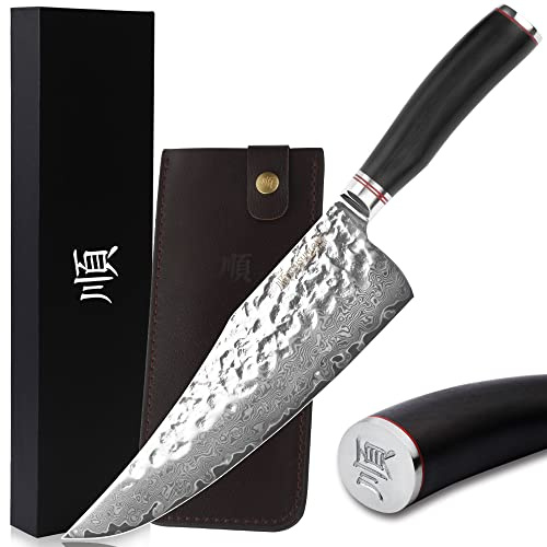 YOUSUNLONG Mannaia - Coltello da arrosto con coda a punta da 22,8 cm - Acciaio di Damasco giapponese - Affilatissimo - Manico in ebano naturale con fodero in pelle - Coltello da macellaio