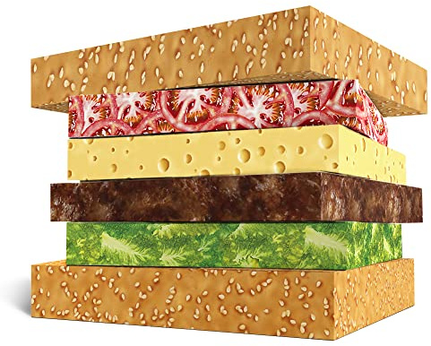 Juego de papel de regalo para hamburguesas - 6 hojas de papel de regalo para hombre - Hojas de papel de regalo divertidas - Hamburguesa - Comida rápida - Viene con divertidas pegatinas - By Central 23