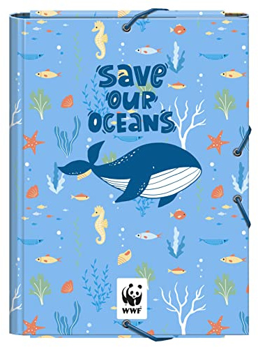 Dohe - Carpeta Escolar Solapas y Gomas - Tamaño Folio 26,5x35 cm, Capacidad 100 Hojas, Tapa Dura de Cartón, Portafolios Vuelta al Cole, Material Escolar - WWF Save Our Oceans