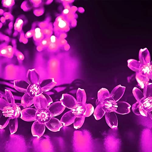 DINOWIN Solar Cherry Blossom Flower String Lights Waterproof 21 Feet 50 LED Peach Cherry Blossom Flower Fairy Lights 8 Modes for Wedding Christmas Gardens Indoor Home (Pink)