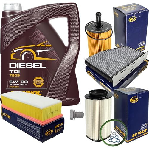 Inspektionspaket Wartungspaket Filterset mit 5 L Motoröl Diesel TDI 5W-30, Ölfilter, Luftfilter, Kraftstofffilter, Innenraumfilter (Aktivkohle), Verschlussschraube