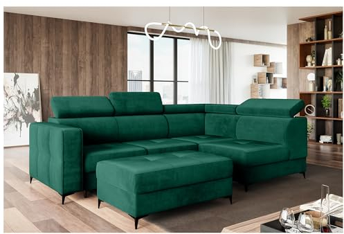 MEBLINI Schlafcouch mit Bettkasten - Ecksofa mit Schlaffunktion - Sofa mit Relaxfunktion und Kopfstützen - Couch L-Form - Eckcouch - Wohnlandschaft - Dorian - 263x232x89cm Rechts - Grün Samt