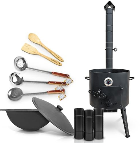 Utschak Feuerofen mit Verlängerungsrohr Gusseisen Topf runder Boden mit Deckel (12 L) KazanoFF, Учаг, Kazan Outdoor, Feuerschale, Camping, Kasan, Gulaschkanone Dutch Oven (Set F2024-2)