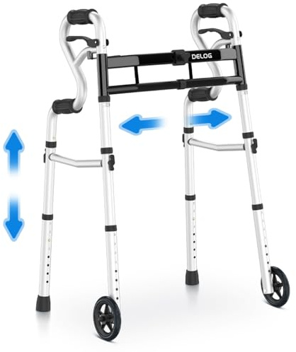 Delog Narrow Folding Walker for Seniors, 3 in 1 Folding Walker with 5” Front Wheels Width Adjustable Compact Standard Walker Support Up to 350lbs (Black)