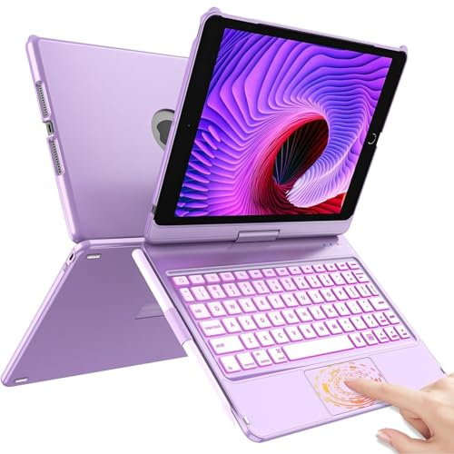 KARFUN Keyboard Case For iPad 9 Generation 10.2'' 2021,360 Degree Flip Slim Hard Case with Wireless Bluetooth Keyboard and Auto Sleep function with 7 backlight modes for iPad 9/8/7 Gen (Purple)