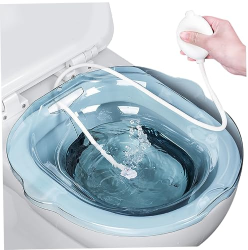 Sitz Bath for Toilet, 2PCS/Set Sitz Bath Tub with Flusher, Anti Overflow Sitz Baths with Drain Holes, Non Slip Sitz Bath for Hemorrhoids, Postpartum, Elderly, Blue, Sitz Baths