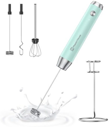 Maestri House Espumador de leche recargable con 3 cabezales, máquina de espuma eléctrica de mano, impermeable, desmontable, de acero inoxidable, mezclador de bebidas con soporte para latte, capuchino,