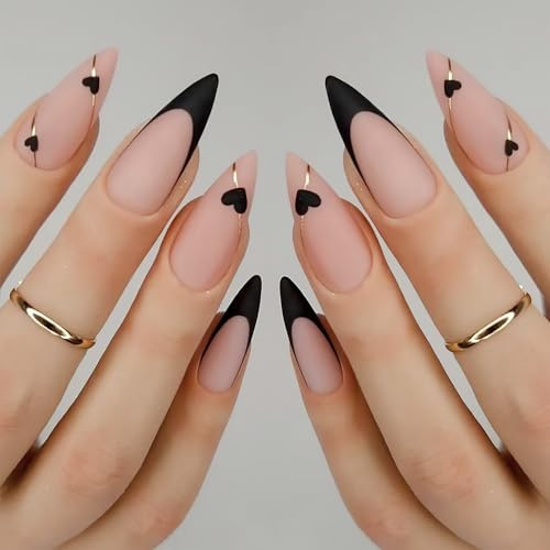 Hebterrka 24 Stücke Mandel Förmige Künstliche Nägel Kurz Mittel Schwarz Herz Design Matt Acryl Nägel Mit Kleber Vollständige Abdeckung Für Frauen Mädchen