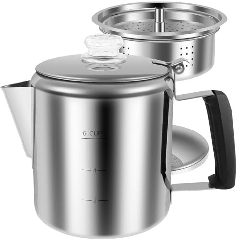 RHAIQBVC Percolateur à café portable en acier inoxydable avec bouton en verre et poignée résistante à la chaleur pour cuisinière à gaz pouvant contenir jusqu'à 6 tasses