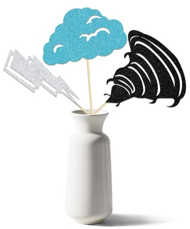 12Pcs Weather Tornado Centerpiece Sticks, Lightning Cloud Weather Theme Birthday Anniversary Decorations, Funny Weather Baby Shower Wedding Party Supplies Black Blue & Silver