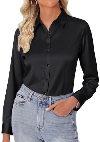 siliteelon Bluse Damen Hemdbluse Regular Fit Bügelfrei Elegant, Schwarz, XL