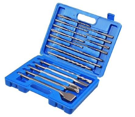 SDS Drill Bits and Chisels, 17 Pcs Rotary Hammer Drill Bits and Chisels Set with Storage Case, Drill Bit Set Tool for Wood, Tile, Cement, Masonry - Blue