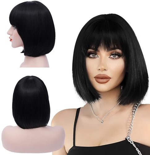 Black Wig for Women, Black Bob Wig with Fringe Straight, Natural Looking, Natural Synthetic Fiber Wig, Bob Wig with Fringe for Daily Use, Cosplay Party, Fancy Dress