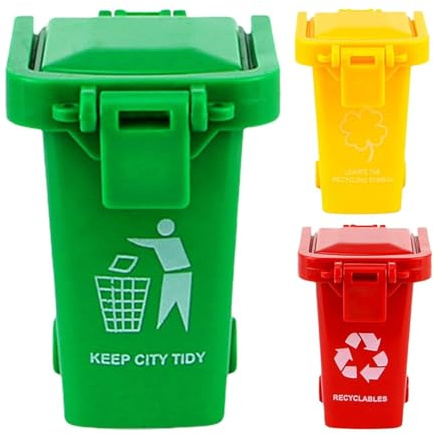 Jowxsx 3 contenedores de reciclaje pequeños para escritorio, soporte para bolígrafos de basura, soporte para lápices, botes de basura en miniatura, cubo de basura pequeño único con ruedas de tapa
