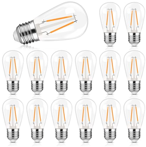 E27 Outdoor String Light Bulbs Replacement S14 2W Screw Bulb Waterprooof | Plastic LED Edison Screw ES Bulb for Backyard/Patio/Garden,Plastic,20W Equal,2700k Warm White,Non-dimmable,Pack of 15