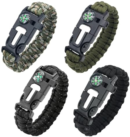 Generisch Survivarmband,Multifunktionales Überleben,Pulseras de Supervivencia,4 Piezas Kits de paracord de Supervivencia,Survival Pulsera con Encendedores de Pedernal,Raspador,Silbato,Brújula