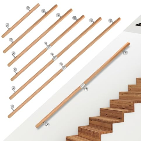 Ikodm Treppengeländer Holz Buche 120 cm Ø42mm Treppengeländer für Treppen Wandhandlauf Treppen Seitenmontage mit Wandhalterungen, Montagematerial