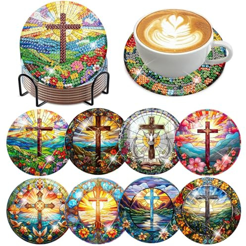 8 Stück Diamond Painting Untersetzer mit Halter, Diamant-Maluntersetzer Mit Ständer, Acryl, Kunsthandwerk Handgefertigt, Bunt, Wohnzimmer, Schlafzimmer, dekorative Untersetzer