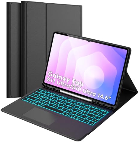 Étui Clavier pour Samsung Galaxy Tab S11 Ultra/S10 Ultra/S9 Ultra 14.6 Pouces - 7 Couleurs Rétroéclairées Détachable Tablette Cover avec Pavé Tactile - pour Tab S8 Ultra AZERTY Français Clavier, Noir