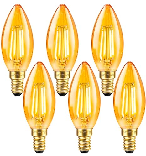 6 Stück E14 LED Kerze Vintage Glühbirne, 4W LED Filament, Ersetzt 40W C35 Kerzenbirnen, Warmweiß 2200K Bernstein Glas Birne, 400LM, Nicht Dimmbar, Nostalgische Deko für Zuhause, Café, Bar