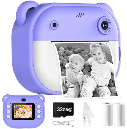Fotocamera istantanea per bambini, 1080P, doppia lente, fotocamera istantanea, schermo da 2, fotocamera digitale per bambini con scheda da 32 GB e carta da stampa, regali di compleanno per 3-12 anni