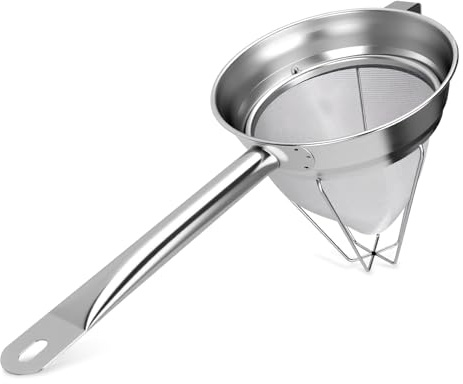 Stainless Steel Bouillon Strainer, 8-Inch Conical Fine Mesh, Heavy-Duty with Support Ring