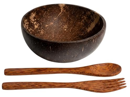 QhgPnt Coconut Bowl, Handcrafted Coconut Shell and Wooden Bowls for Food, Small Wooden Bowl for Yogurt and Snacks, Includes Spoon and Fork