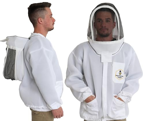 FOREST BEEKEEPING SUPPLY - Ventilated Bee Jacket with Fencing Veil Hood - Ultra Light Air Mesh Beekeeper Jacket (Large)