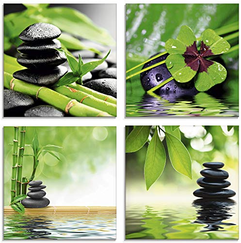 ARTland Wanddeko Glasbilder Wandbild Glas Bild Set 4 teilig je 40x40 cm Quadratisch Asien Wellness Zen Steine Kleeblatt Pyramide Wasser Enstpannung S6MG