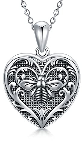 SOULMEET Colgante Collar con medallón de plata de ley con forma de abeja de miel y corazón, para mujeres y niñas