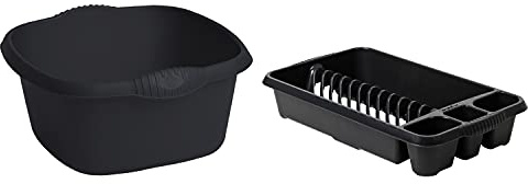 JMS we create smile [Set of 2 Upcycled Plastic Kitchen Medium Dish Drainer with 32cm Square Washing Up Bowl (Mid-Night Black)